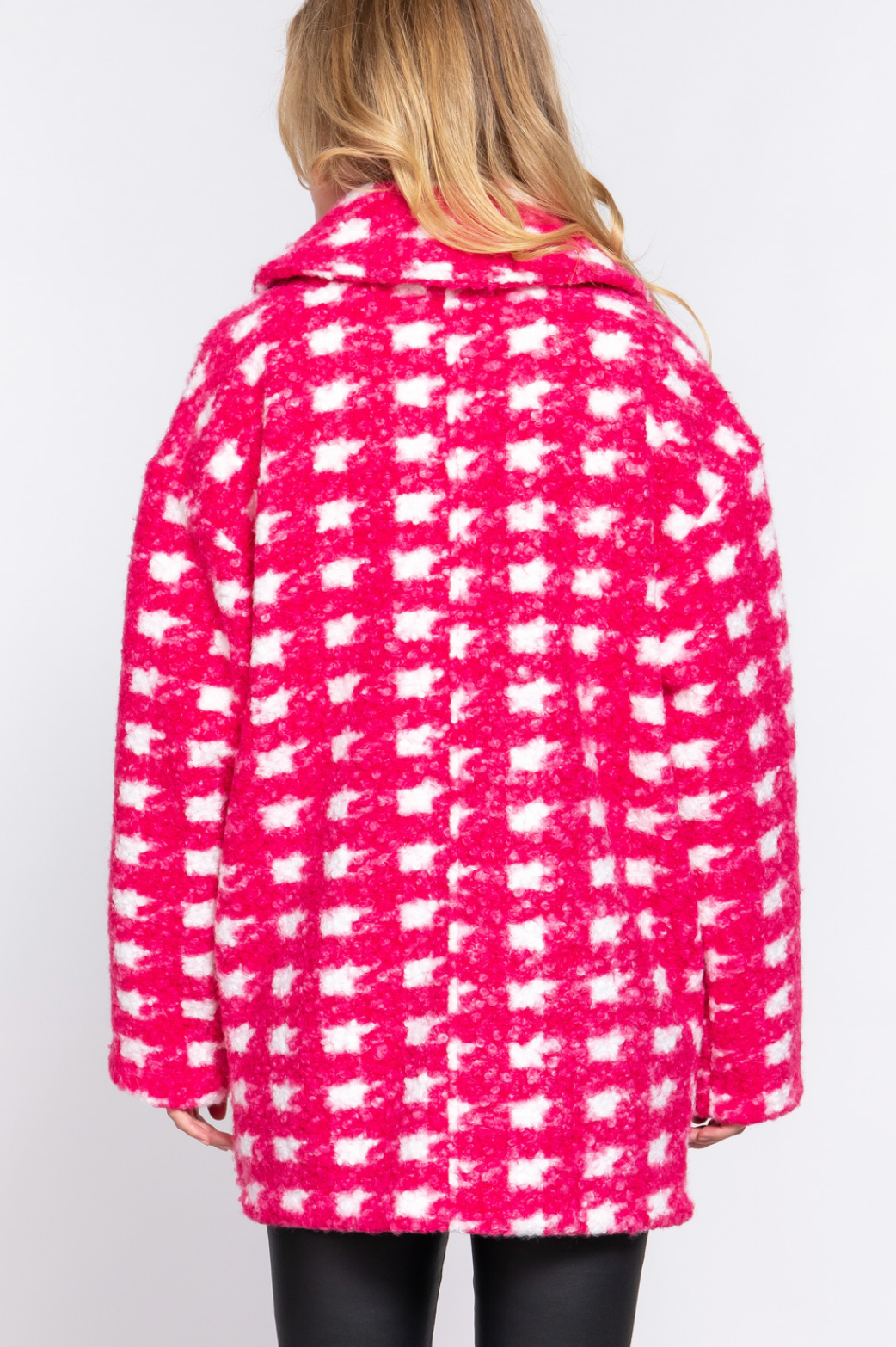 Sadie Check Print Boucle Fleece Coat Fuchsia
