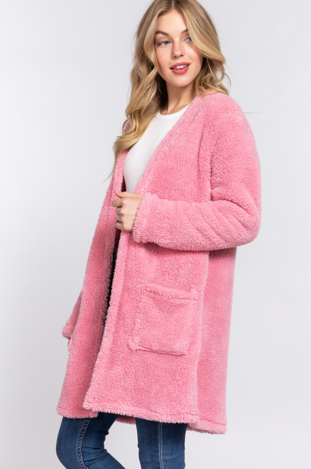Naomi Long Sleeve Open Front Sherpa Jacket Shell Pink