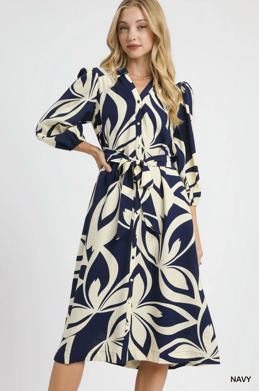 Brielle Two Tone Abstract Print Shirt Dress Navy