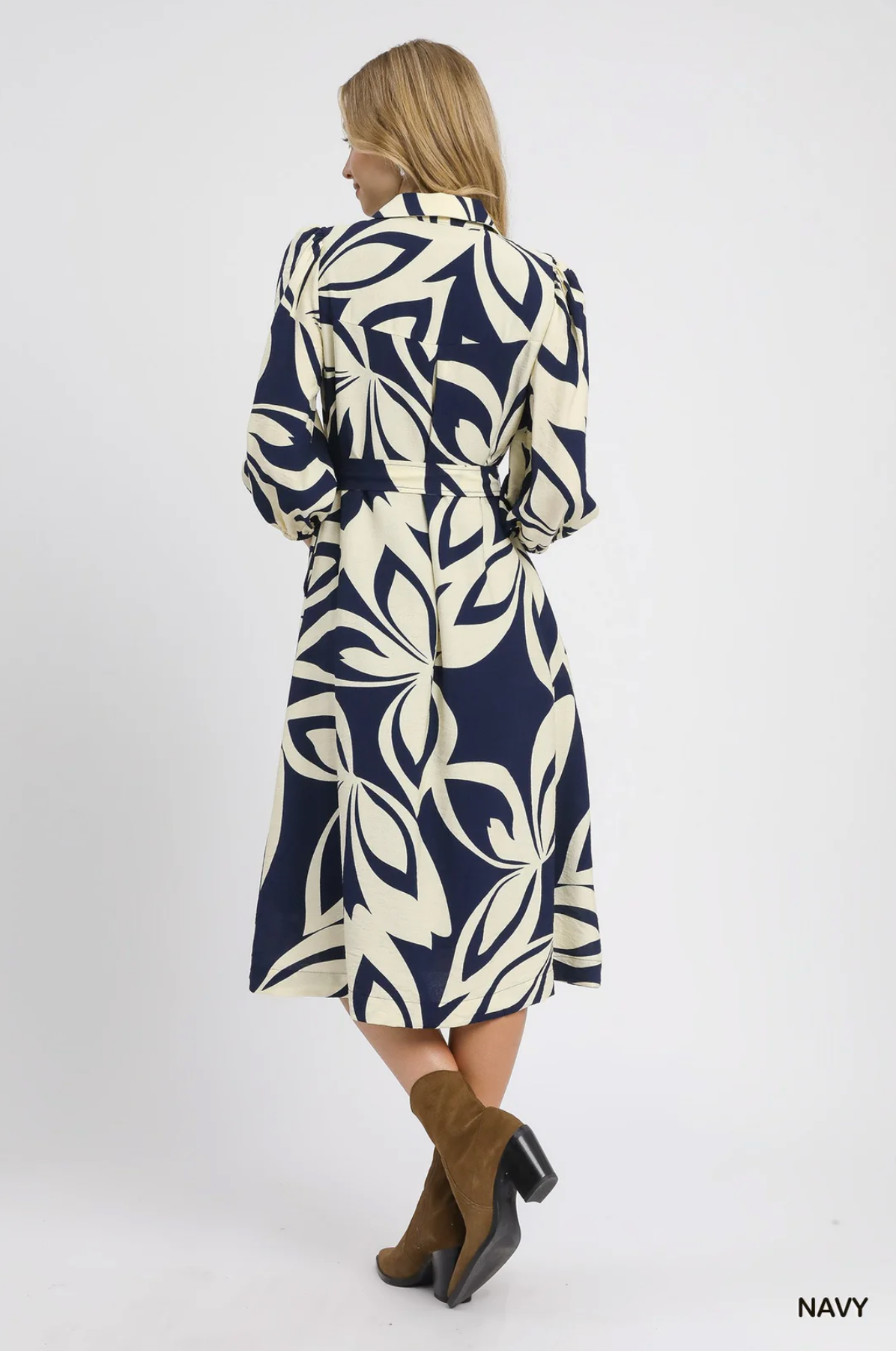 Brielle Two Tone Abstract Print Shirt Dress Navy