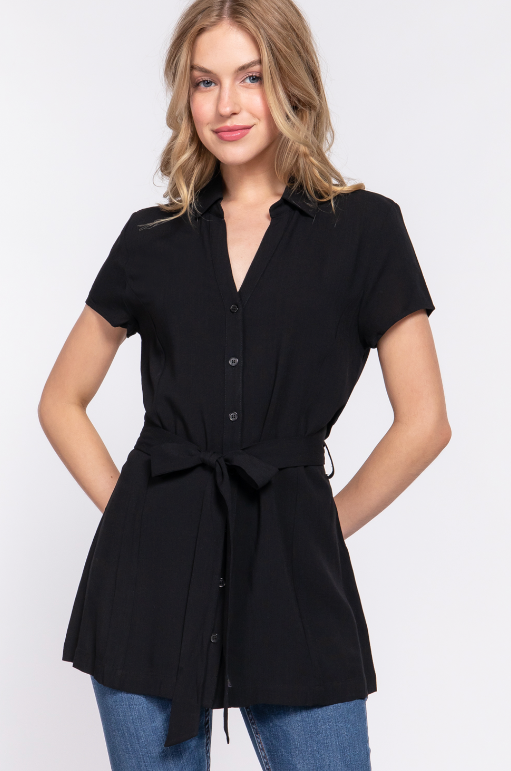 Gianna Button Down Belted Tunic Blouse Black
