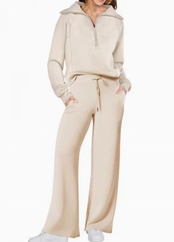 Oversized Half Zip Sweatshirt & Pants 2 Piece Tracksuit Beige