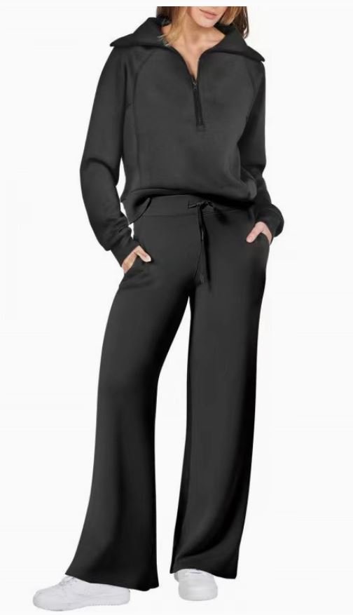 Oversized Half Zip Sweatshirt & Pants 2 Piece Tracksuit Black