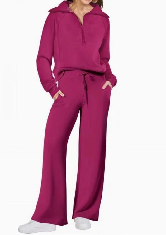 Oversized Half Zip Sweatshirt & Pants 2 Piece Tracksuit Fuchsia