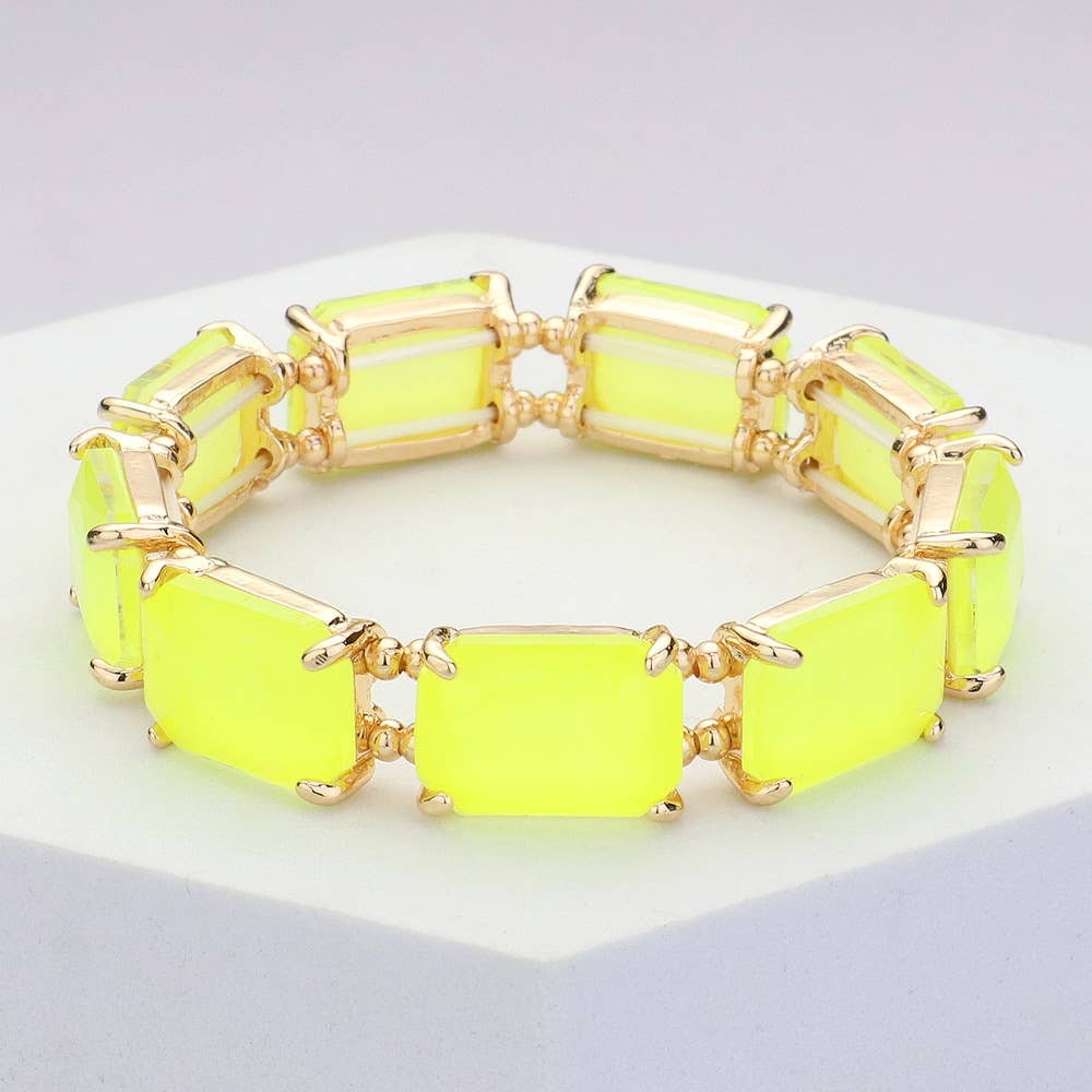 Emerald Cut Stone Stretch Evening Bracelet: Clear Gold Shiny
