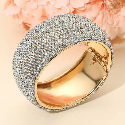 Wide Paved Hinged Evening Bangle Bracelet: Clear,Gold