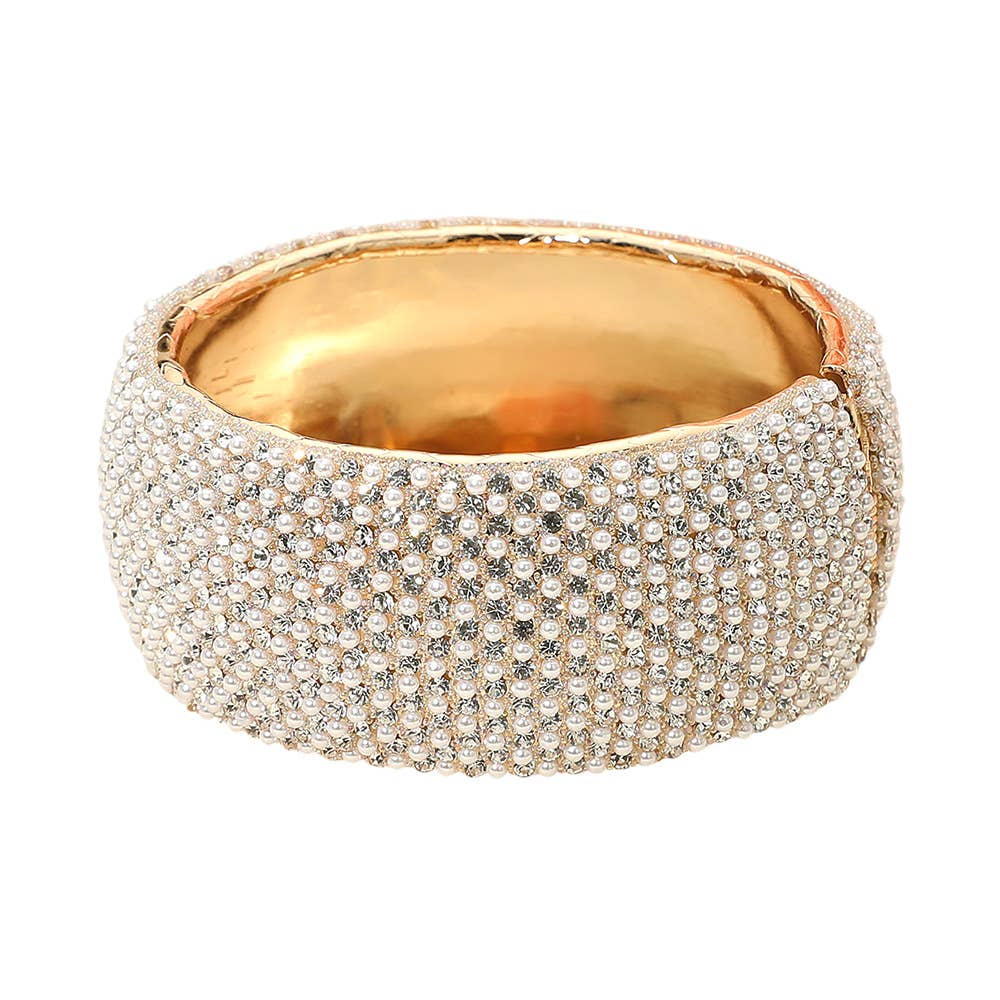 Wide Paved Hinged Evening Bangle Bracelet: Cream,Gold