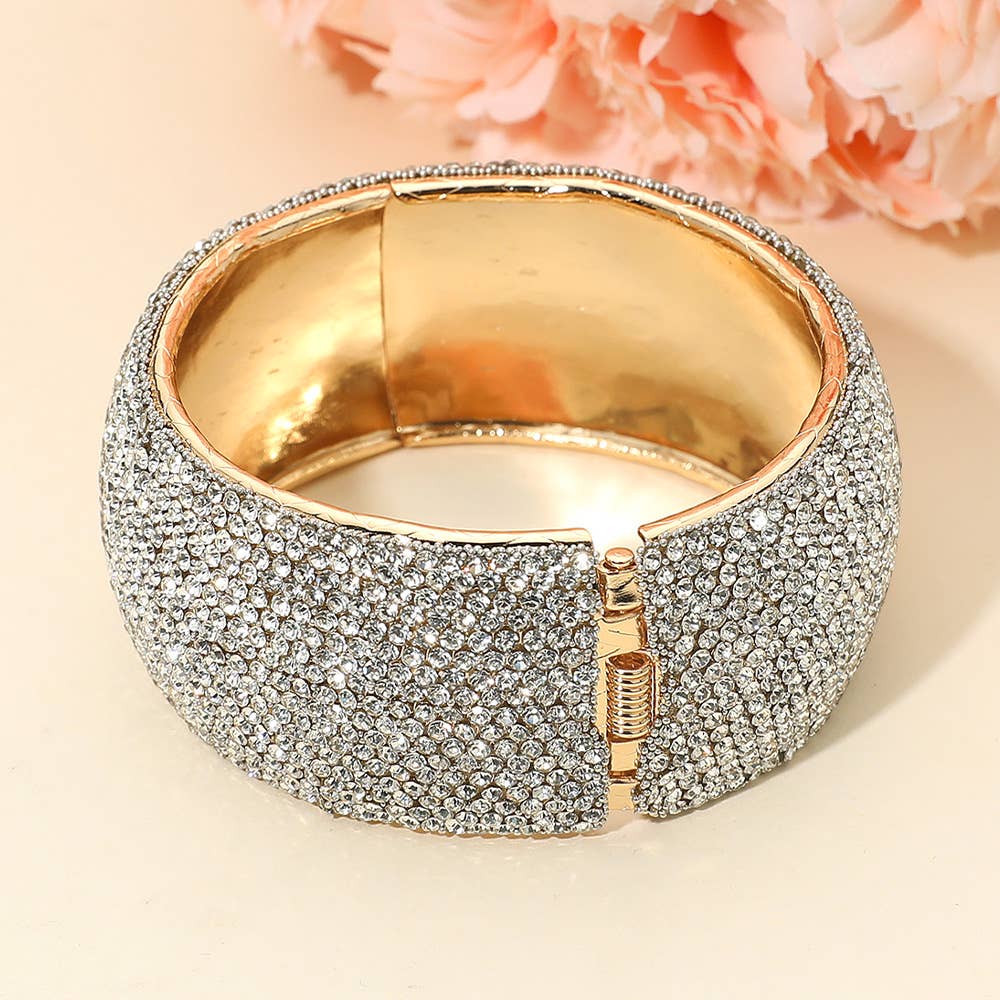 Wide Paved Hinged Evening Bangle Bracelet: Clear,Gold