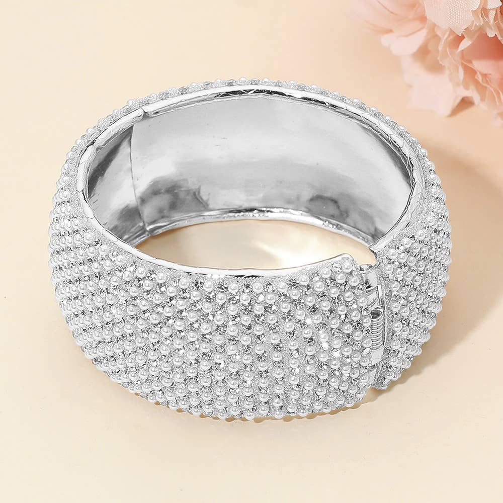 Wide Paved Hinged Evening Bangle Bracelet: Clear,Gold