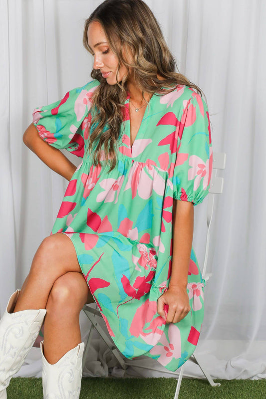 Clover Floral Print V-Neck Tired Baby Doll Mini Dress VD82057M: Mint