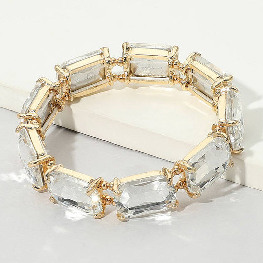 Emerald Cut Stone Stretch Evening Bracelet: Clear Gold Shiny