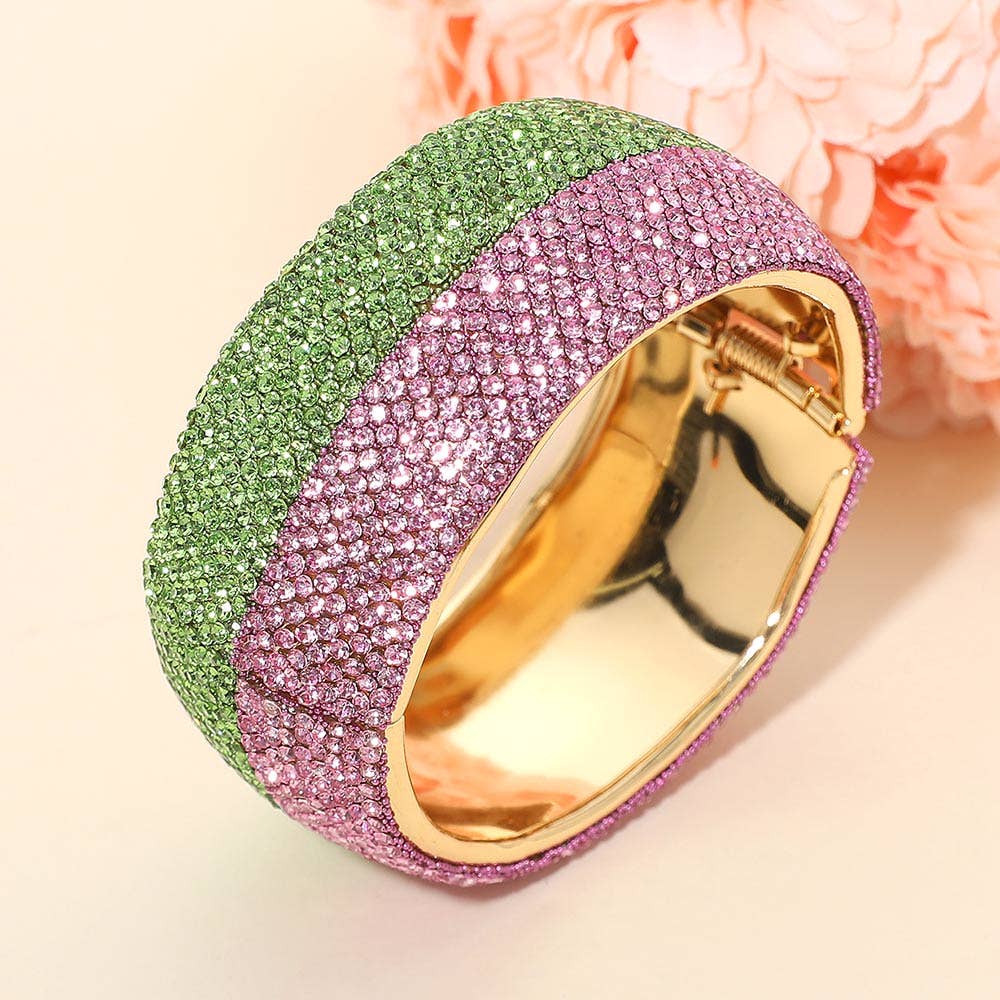 Wide Paved Hinged Evening Bangle Bracelet: Clear,Gold
