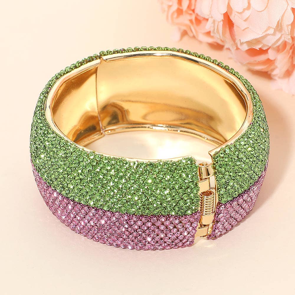 Wide Paved Hinged Evening Bangle Bracelet: Cream,Gold