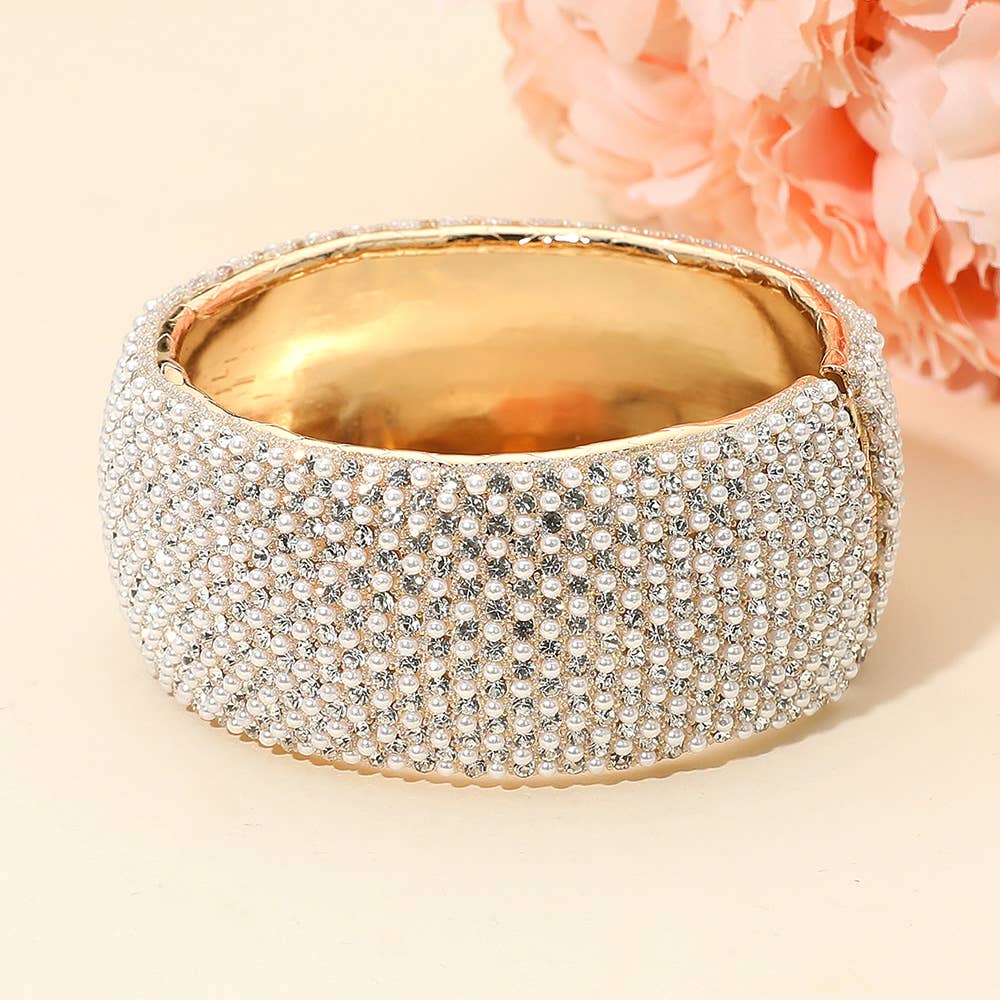 Wide Paved Hinged Evening Bangle Bracelet: Clear,Gold
