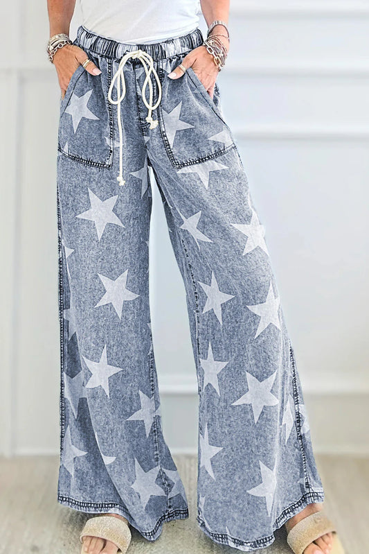 Skylar Light Blue Star Print Light Wash Drawstring High Waist Wide Leg Jeans