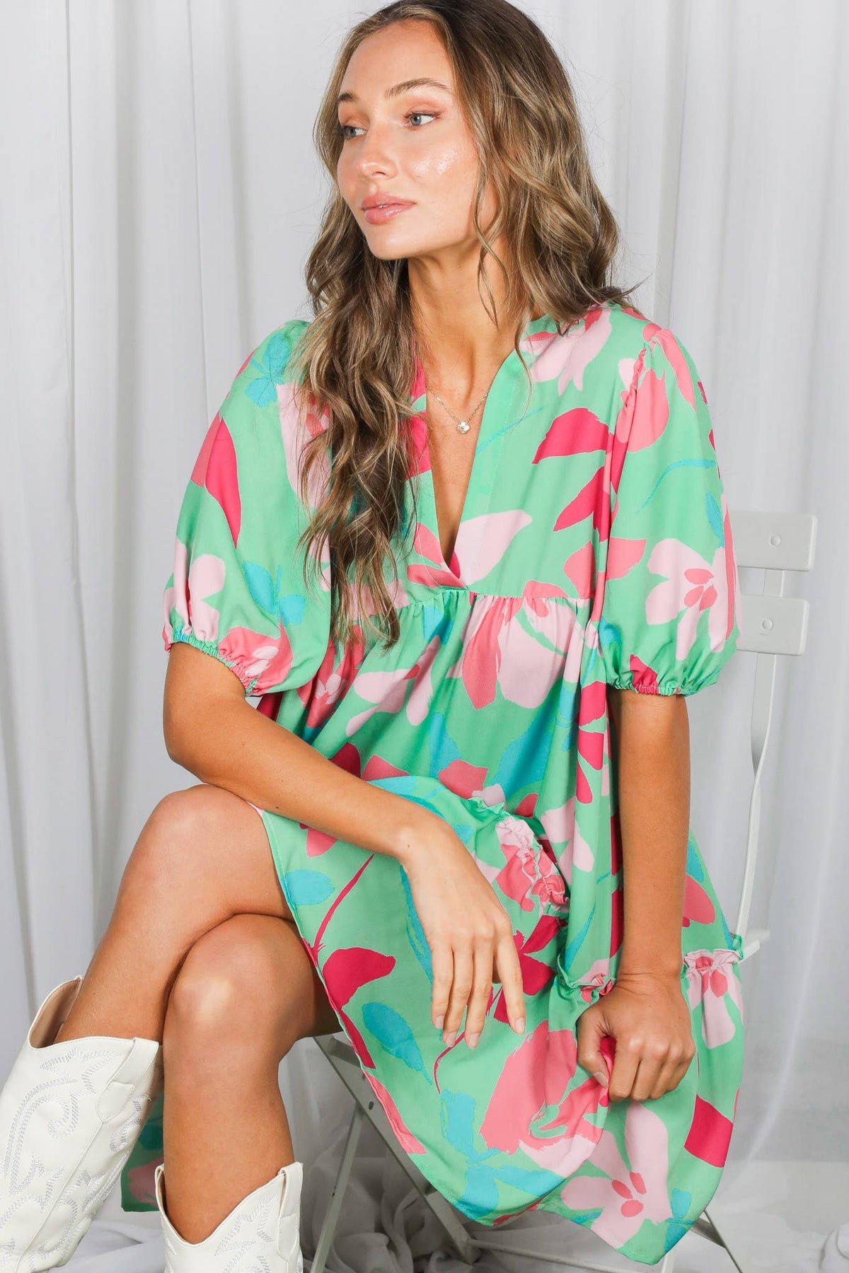 Clover Floral Print V-Neck Tired Baby Doll Mini Dress VD82057M: Mint