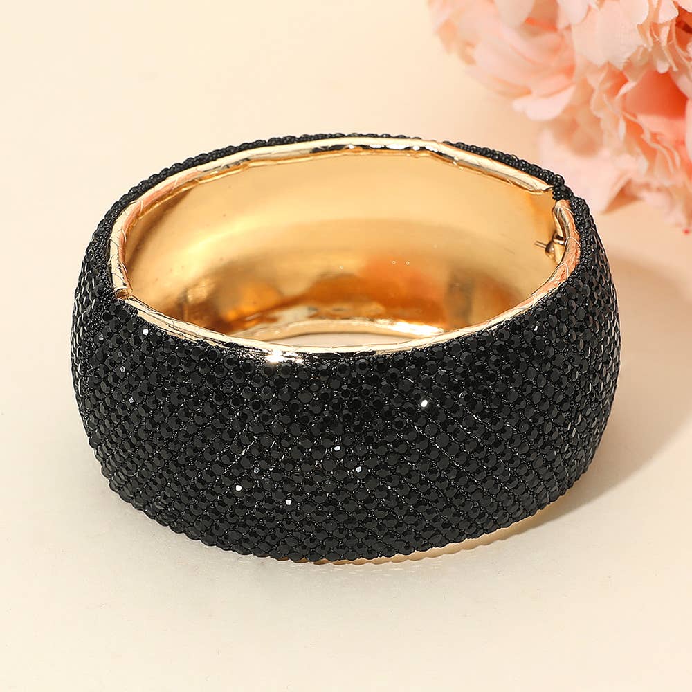 Wide Paved Hinged Evening Bangle Bracelet: Cream,Gold