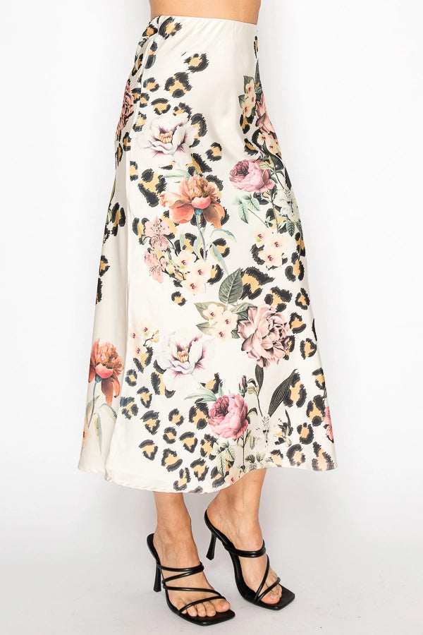 Bianca Silky Satin Midi Skirt Leopard Floral