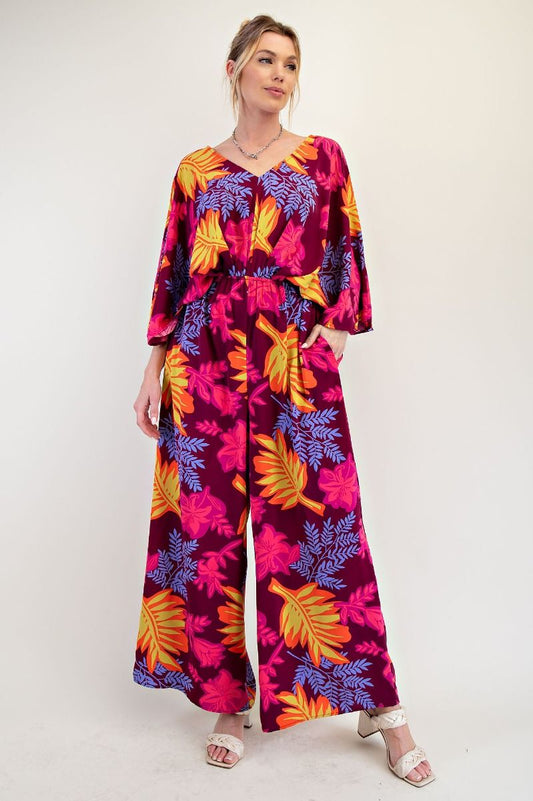 Liana Leaf Printed Jumpsuit Plum
