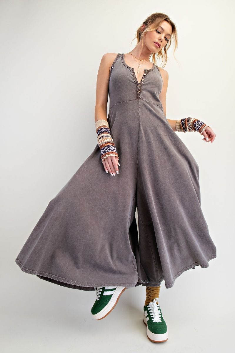 Noa Coffee Sleeveless Mineral Washed Palazzo Jumpsuit