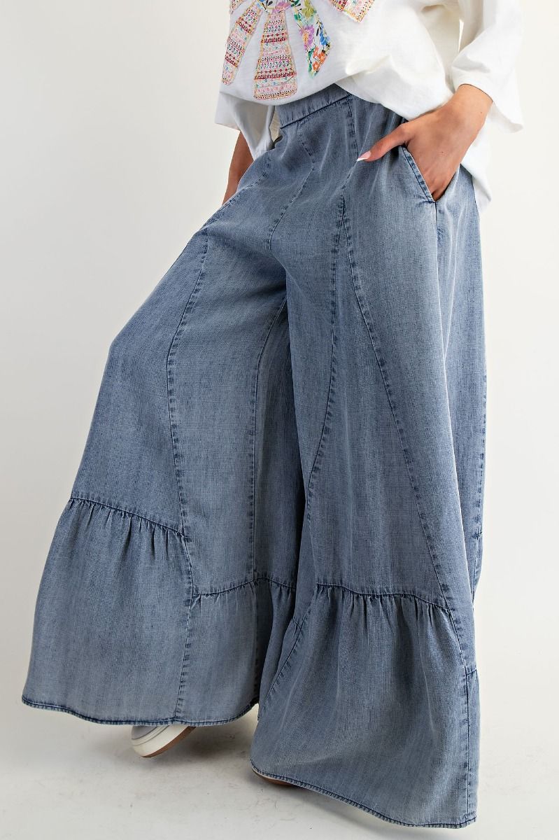 Hannah Ruffle Bottom Hem Palazzo Pants Washed Denim