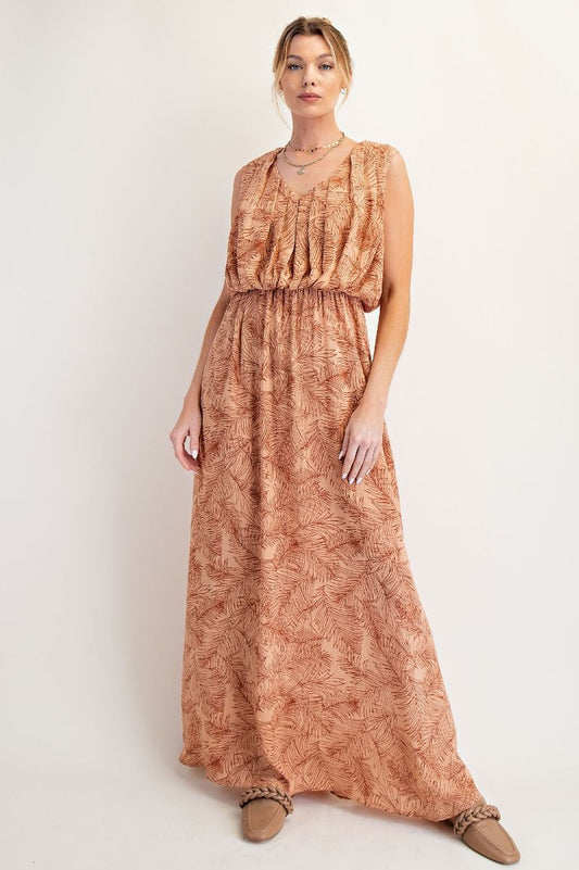 Savannah Leaf Printed Maxi Dress Latte