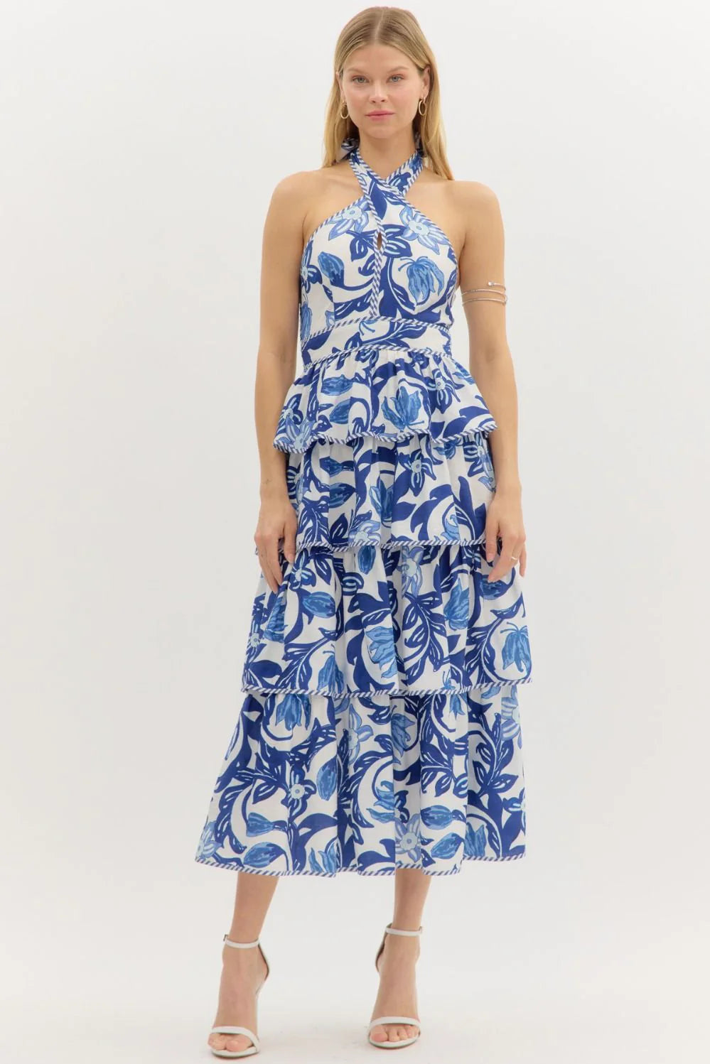 Olivia Paisley Print Tiered Halter Midi Dress