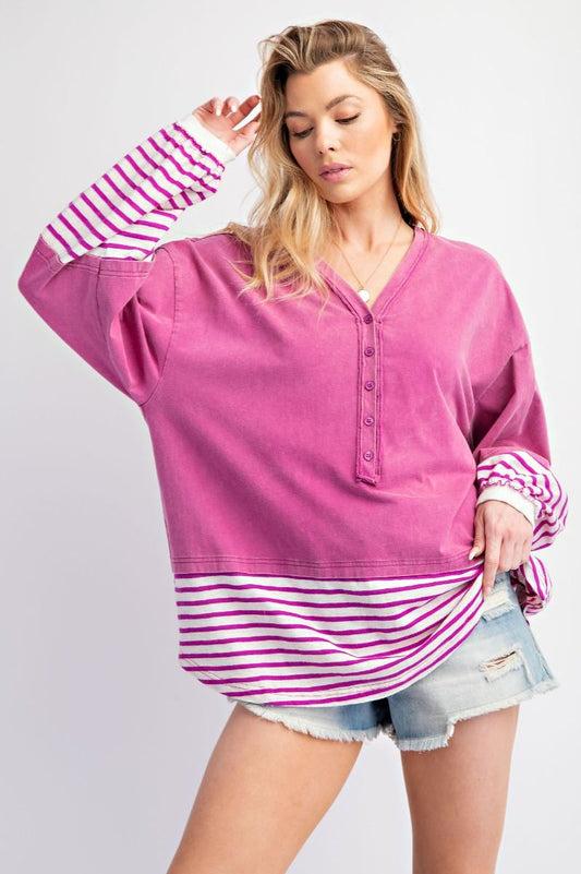 Elise Stripe Bottom Mineral Washed Cotton Knit Top Orchid