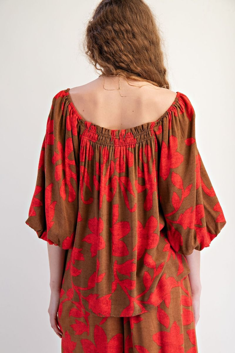 Anela Bubble Sleeve Printed Rayon Challis Top Camellia