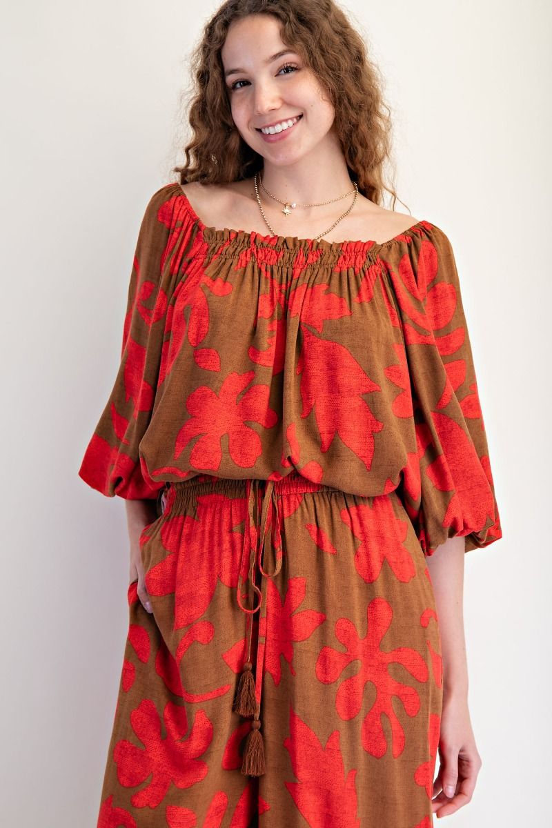 Anela Bubble Sleeve Printed Rayon Challis Top Camellia