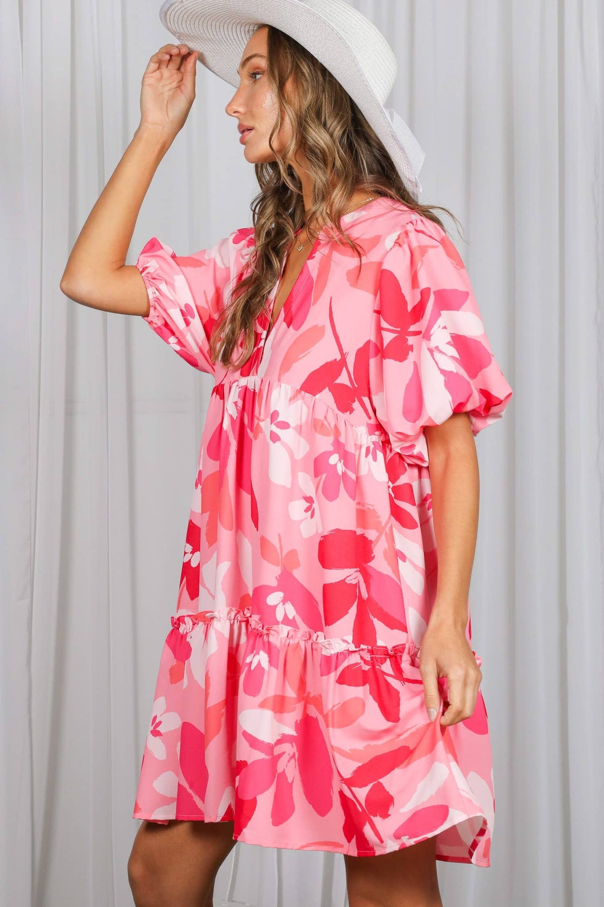 Clover Floral Print V-Neck Tired Baby Doll Mini Dress VD82057M: Mint
