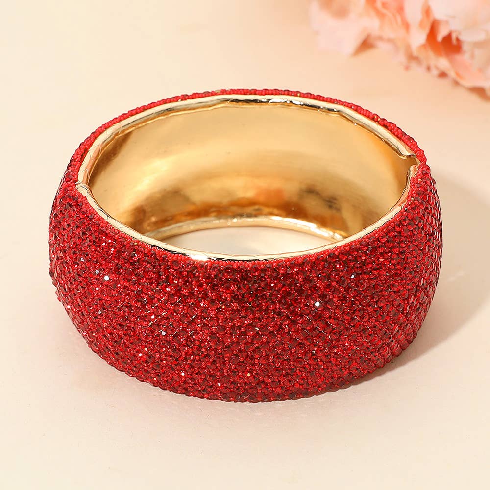 Wide Paved Hinged Evening Bangle Bracelet: Clear,Gold