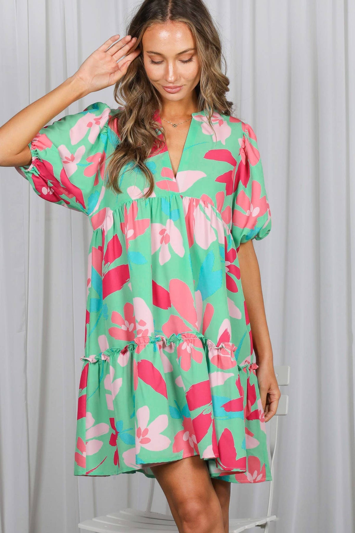 Clover Floral Print V-Neck Tired Baby Doll Mini Dress VD82057M: Mint