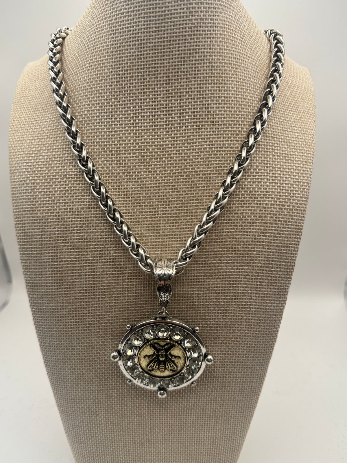 Circle Bee with Clear Crystals Necklace