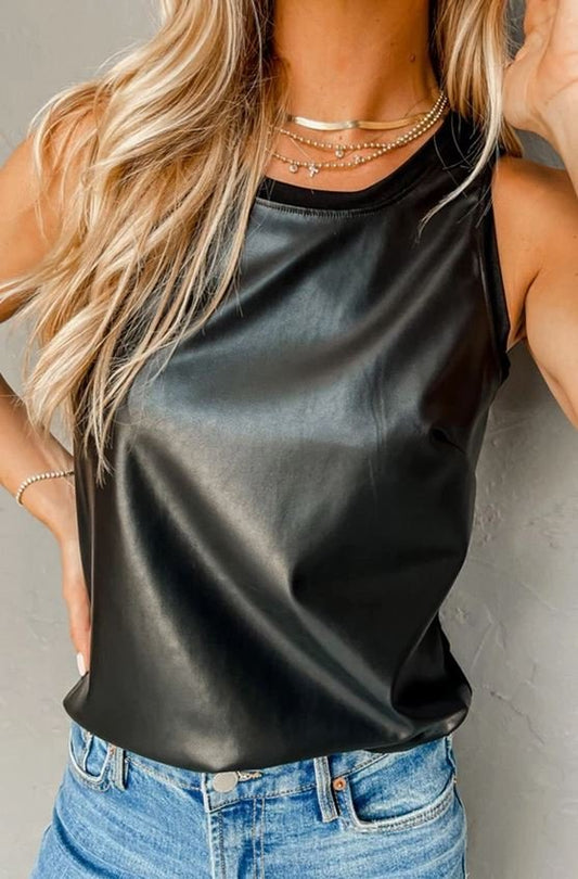 Helen Faux Leather Crew Neck Tank Top Black
